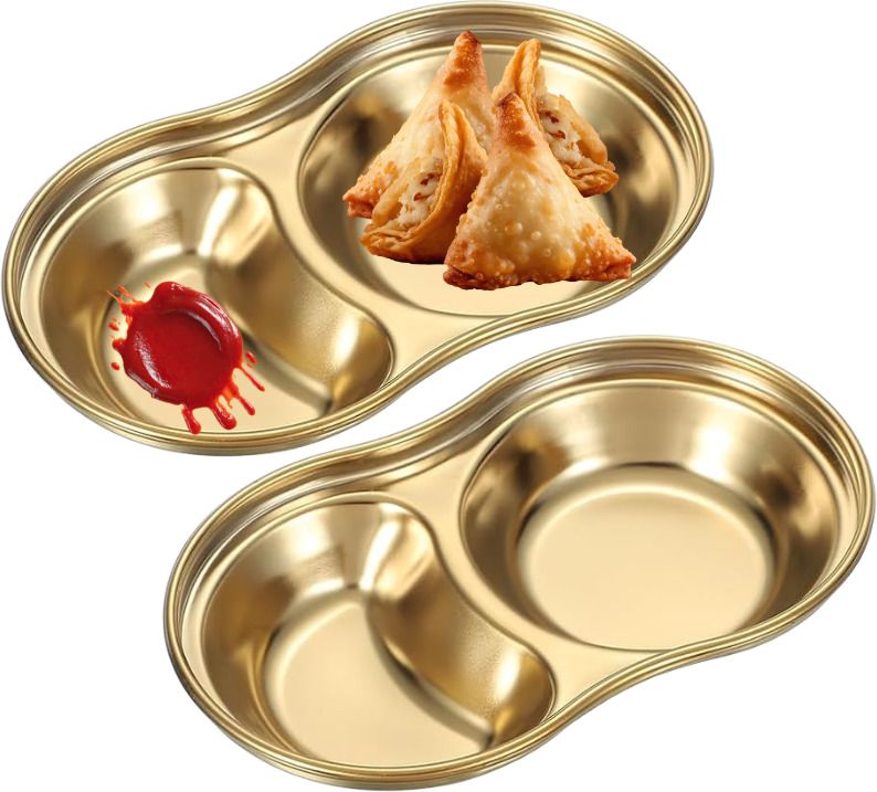 lexara Golden Stainless Steel 2 Compartment Snack & Sauce Serving Dish Chip & Dip Tray-picture-31