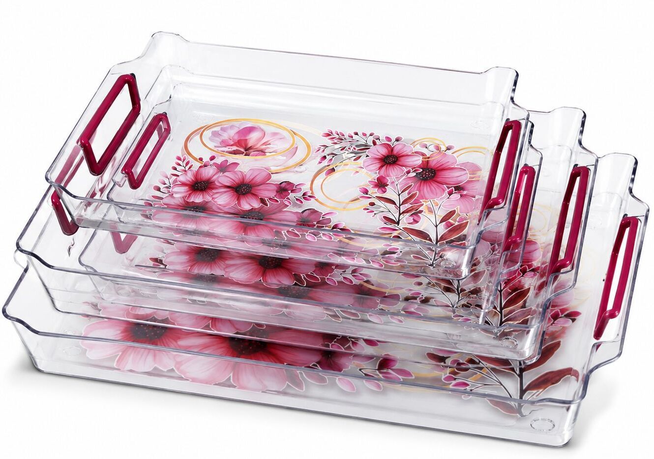Premium Set of 3 Plastic Serving Trays with Handles | Floral Multipurpose Tray Tray-image-34