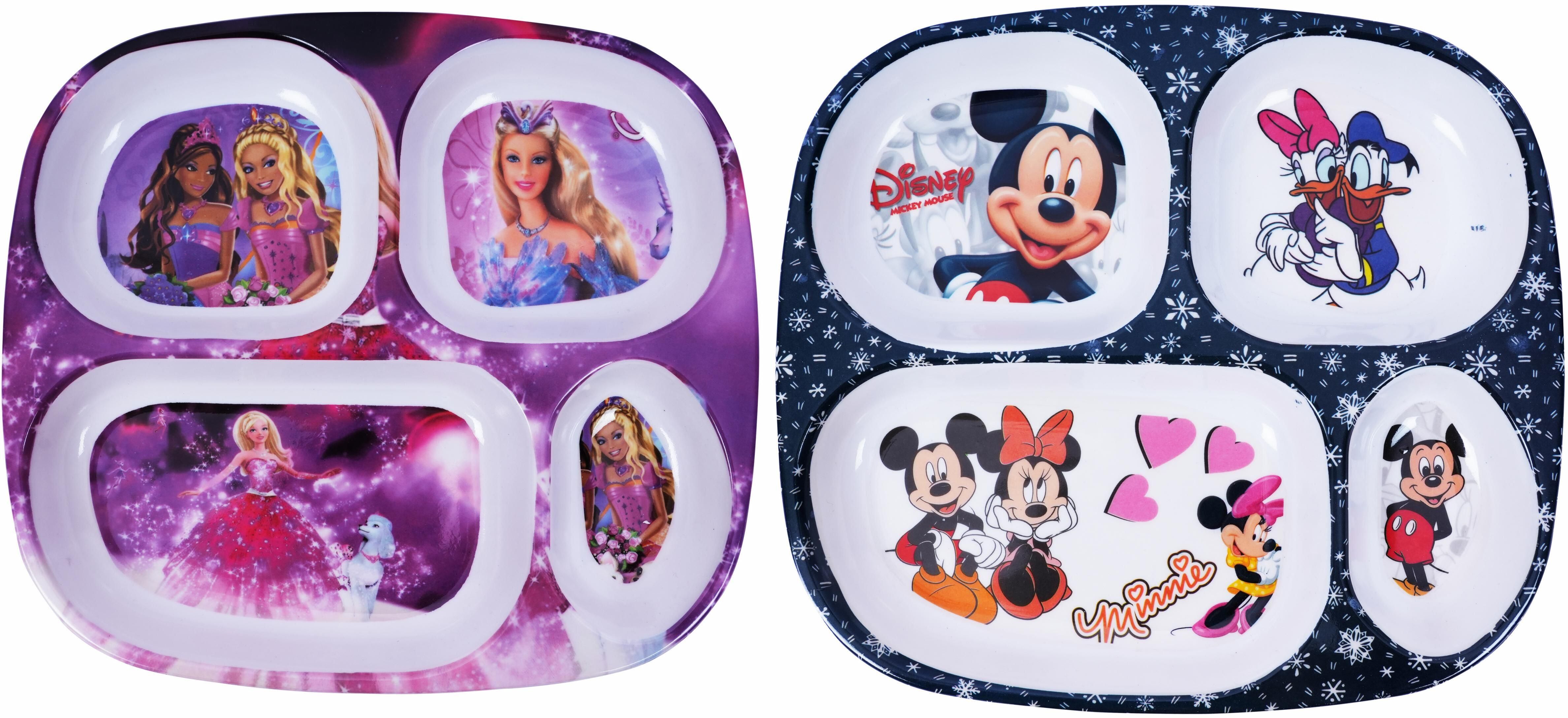 Barbie & Mickey Mouse Printed Melamine Kids Square Plate 4 Sectioned Plate-image-1