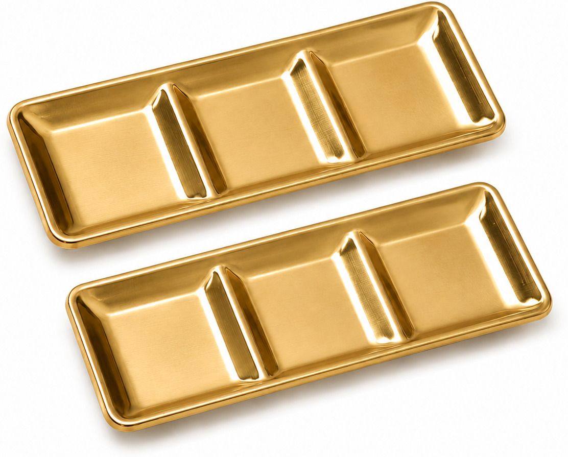 Gold Stainless Steel Condiment Tray Sauce Dish Dipping Bowl 3 Section Set of 2 Chutney Plate-image-6