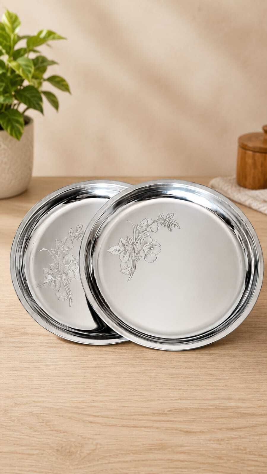 STAINLESS STEEL FLORAL DESIGN DINNER PLATE SET (8 INCH) SET OF 2 Half Plate-image-35