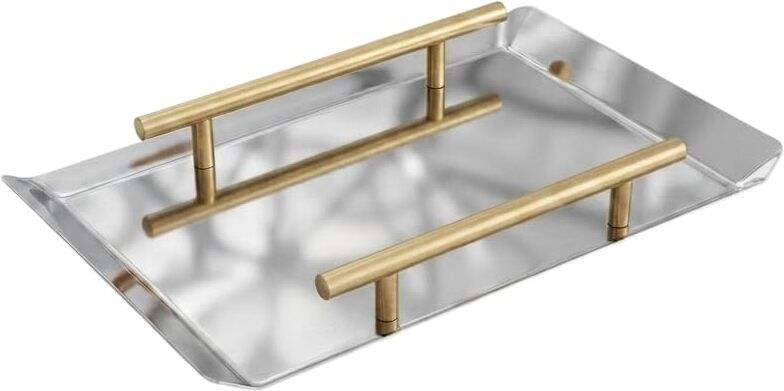 hevasnek Stainless Steel Serving Tray with Gold Handle Mirror Finish Decorative Plate Tray-picture-35
