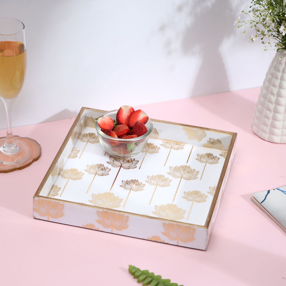 Luxury White & Gold Lotus MDF Wooden Serving Tray (10x10x1.5 Inches) Tray-image-15