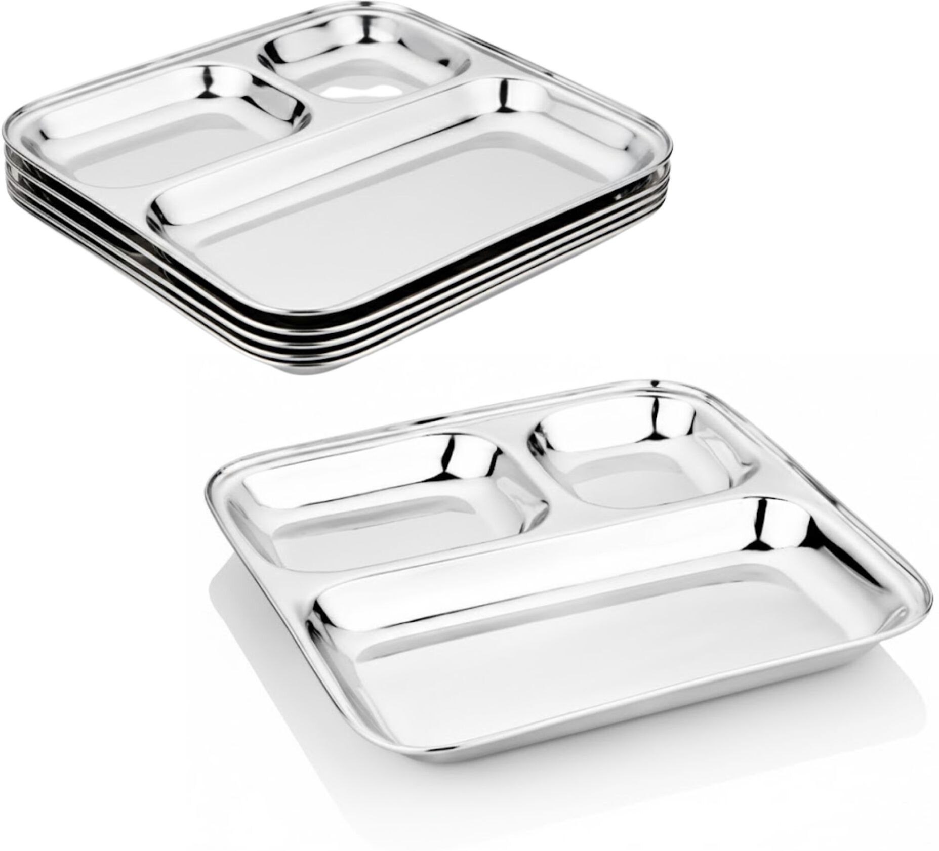 Square Stainless Steel 3-in-1 Compartment Lunch/Dinner Plate/Thali,Set of 6 Sectioned Plate-image-16