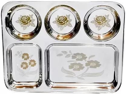 Stainless steel heavy duty laser print bhojan thali 5x1 Pack of -1 Sectioned Plate