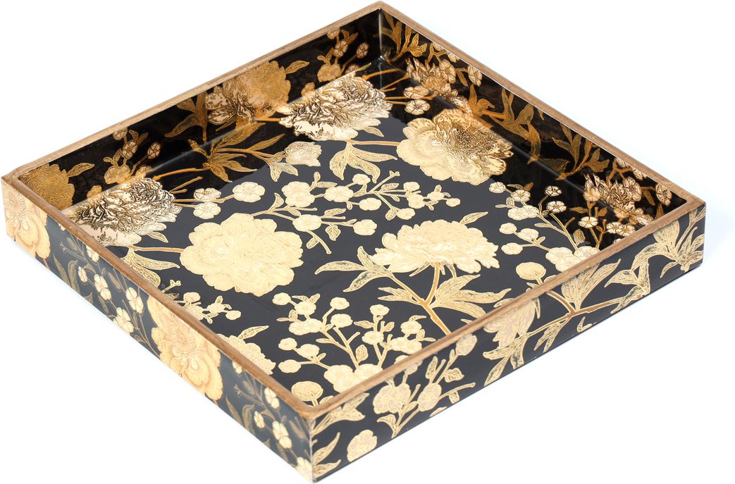 Luxury Black & Gold Floral MDF Wooden Serving Tray (10x10x1.5 Inches) Tray-image-48