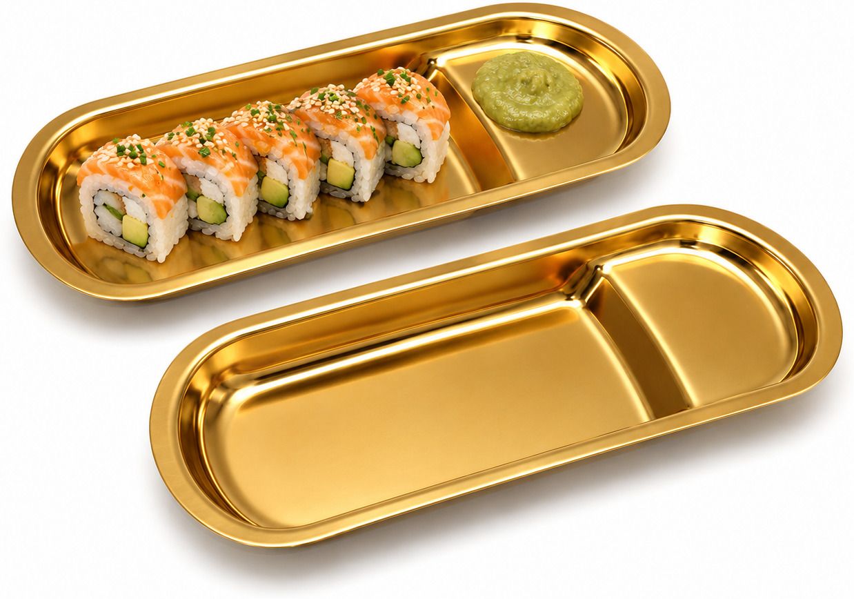 Stainless Steel Sushi & Momos Serving Plate with Separate Sauce Dip Compartment Chutney Plate-image-43