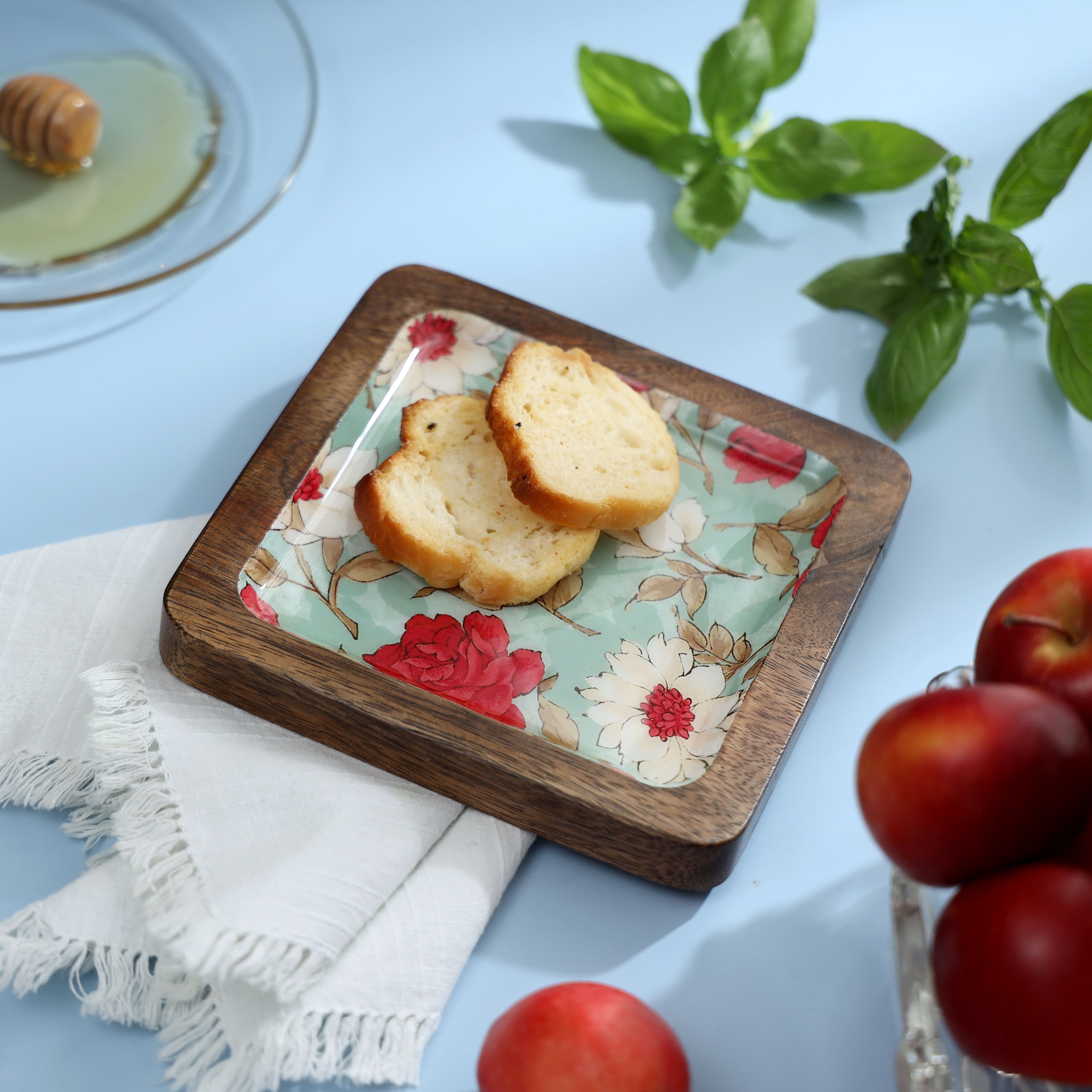 duli Serving Platter in Mango wood Flower Print for Home & Dining Table 6x6 inch Tray-picture-30