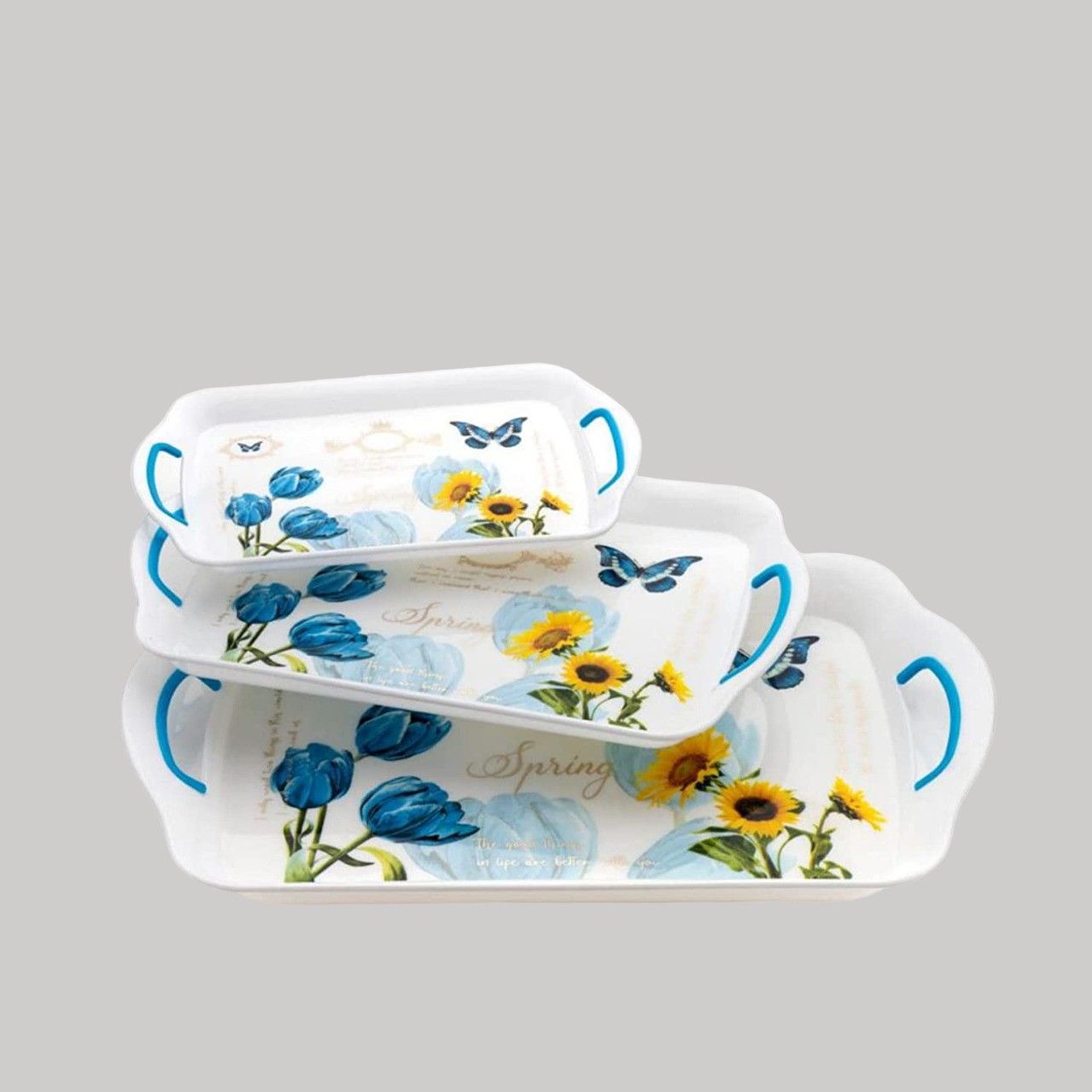 flowers Design Rectangular Shape Plastic Serving Tray Set with Handle | Tray