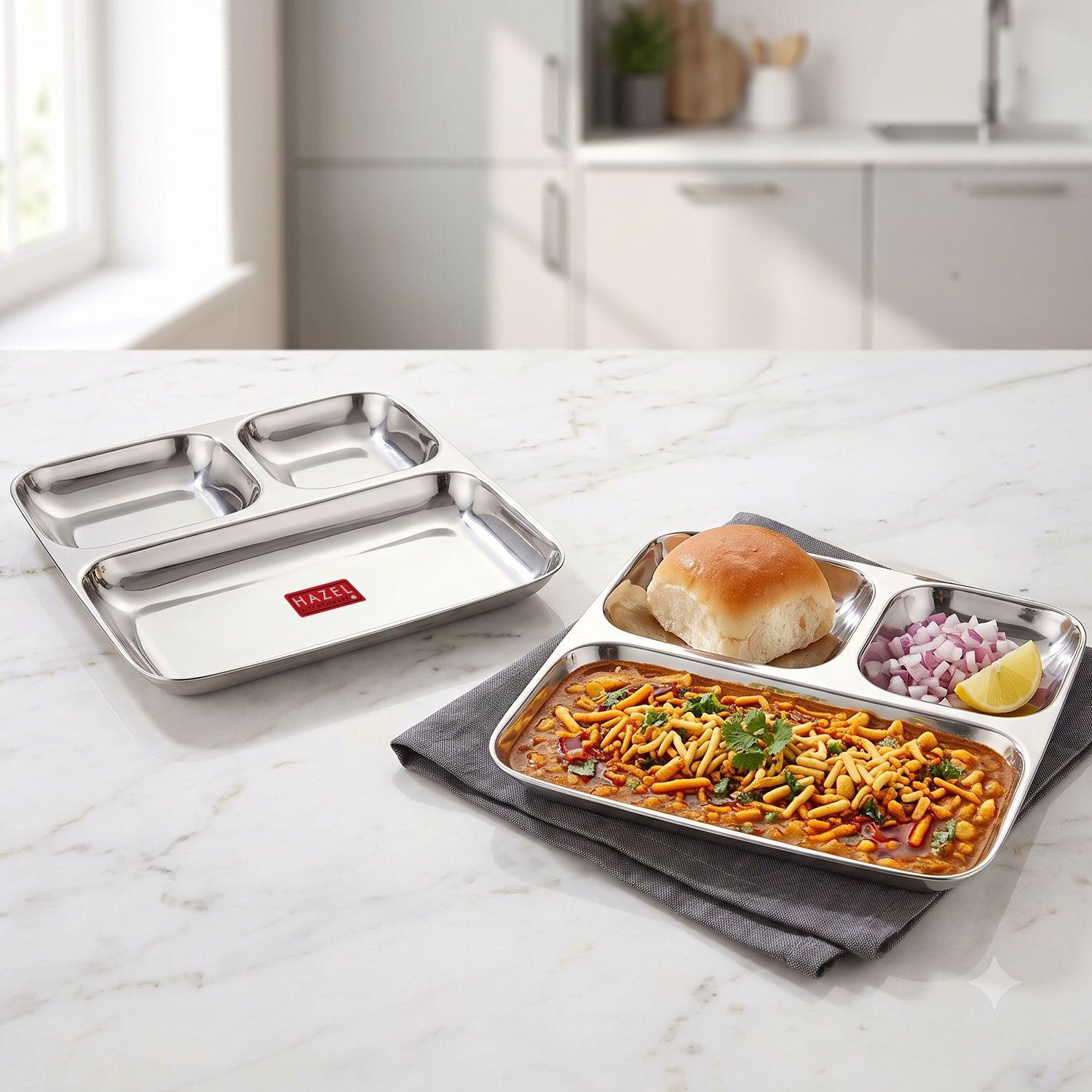 hazel Stainless Steel Pav Bhaji Plate, 3 in 1 Section Plate Sectioned Plate-picture-3