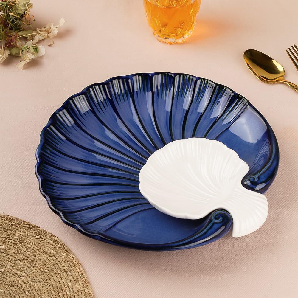 Ceramic Chip and Dip Platter with Fixed Dip Bowl(Blue & White Color) Chip & Dip Tray-image-22