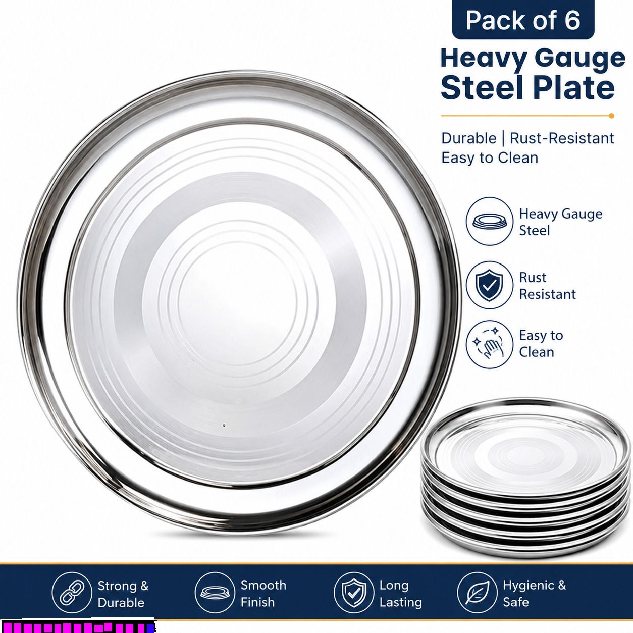 bzilo Pack Of 6 Stainless Steel Heavy Dinner Plate Thali Regular Use Size 11 INCH A16 Dinner Plate-picture-26