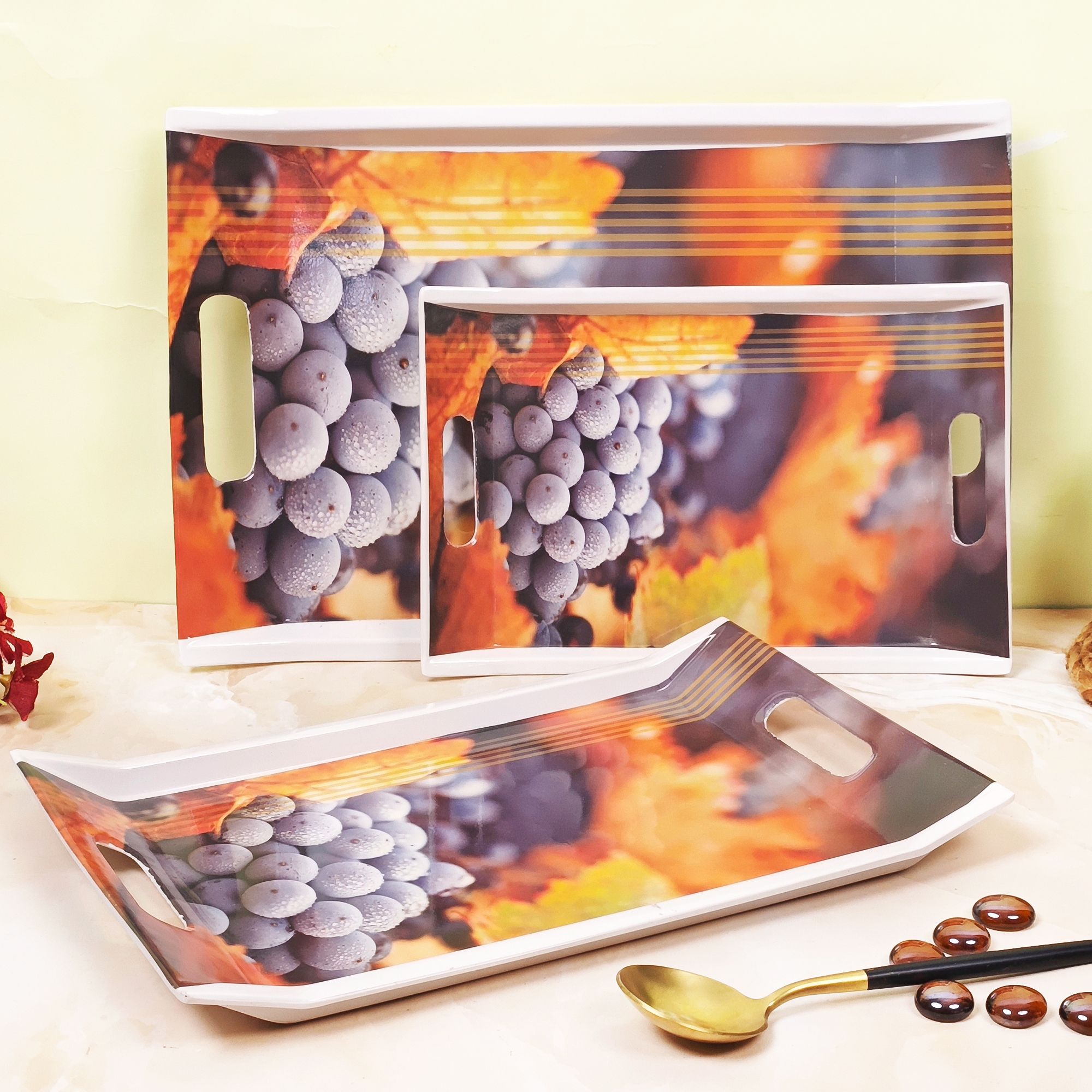 Breakfast & Dinner Serving Tray, Set of 3 Melamine Printed Tray (Small/ Medium and Large Size) Villori Series Tray-image-20