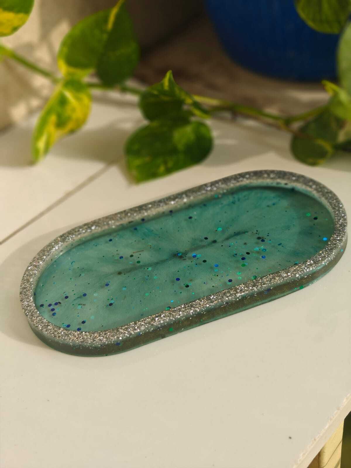 Teal Resin Trinket Platter — Oval Rolling Tray Design with Silver Sparkle Border Tray-image-48