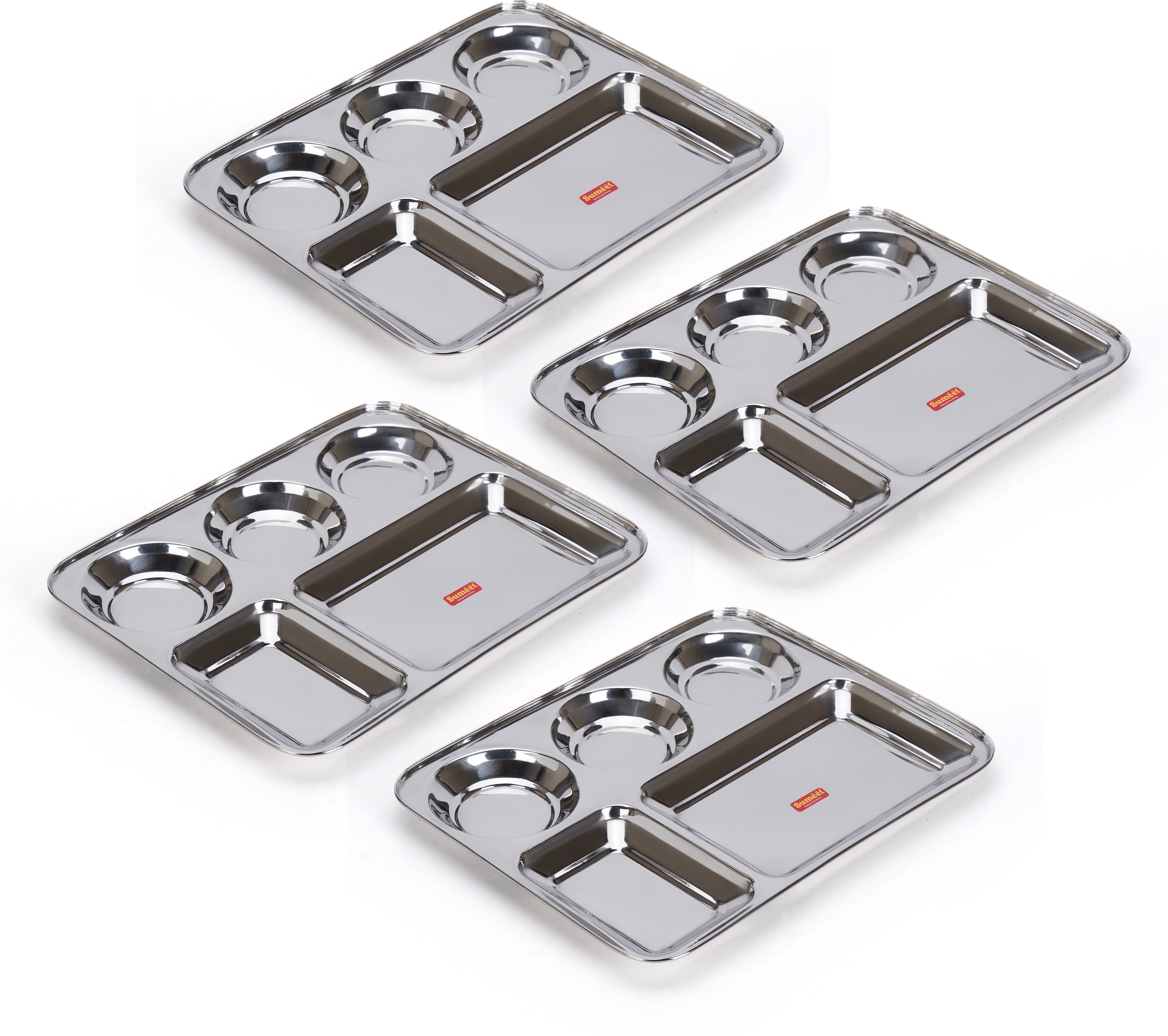 sumeet Stainless Steel Rectangular 5 in 1 Compartment Lunch / Dinner Plate Set, 33.5cm Sectioned Plate-picture-10