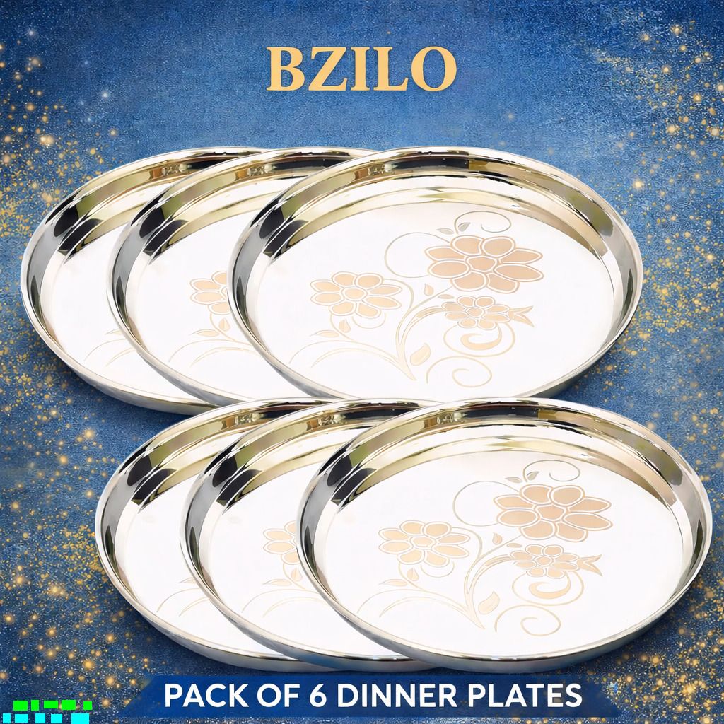 Dinner Plates Pack Of 6 Stainless Steel Plate with Laser Flower Design P80 Dinner Plate-image-0