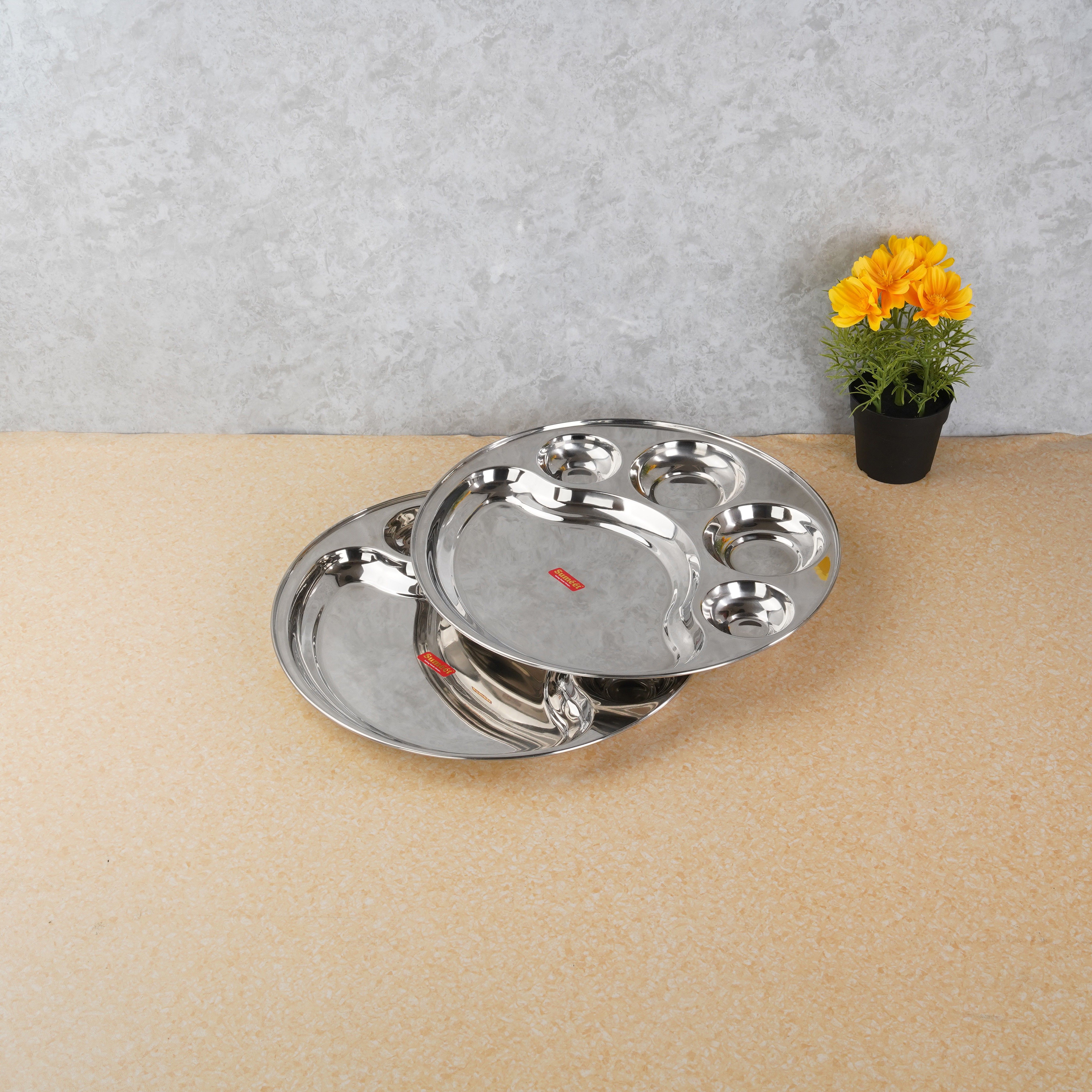 sumeet Stainless Steel Round 5 in 1 Compartment Lunch / Dinner Plate, 34cm Dia Sectioned Plate-picture-34