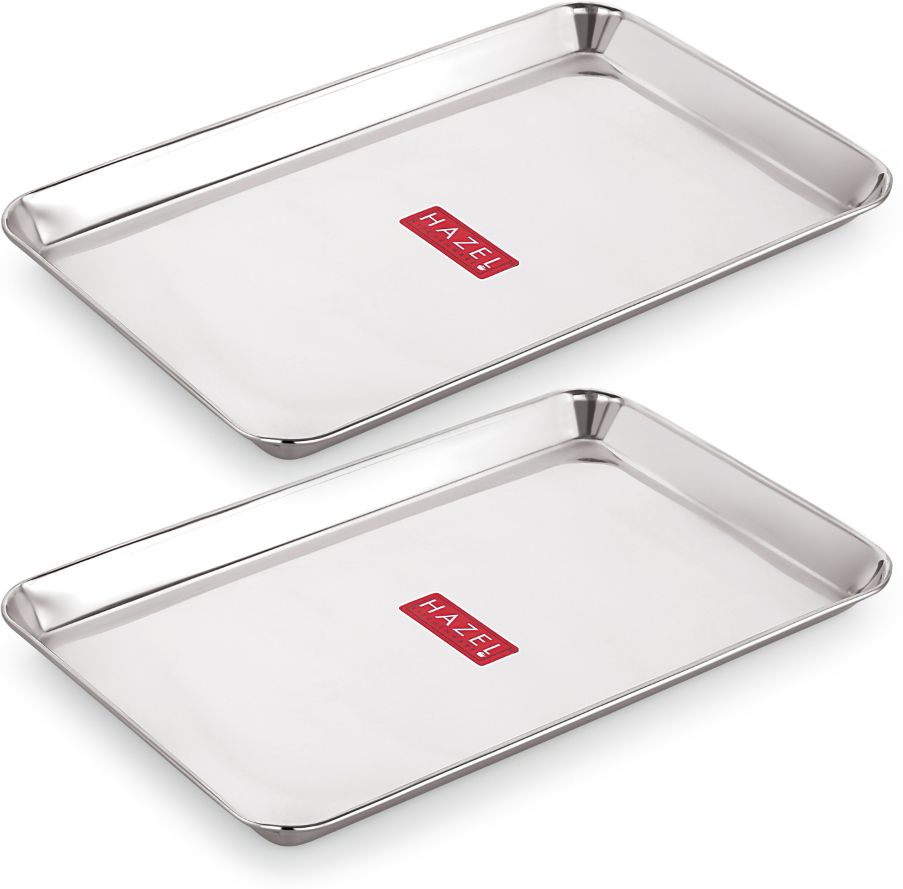 hazel Stainless Steel Serving Trays Rectangle Premium Dining Table Plater Set of 2, Small, Silver, 29.5 x 19 cm Tray-picture-5