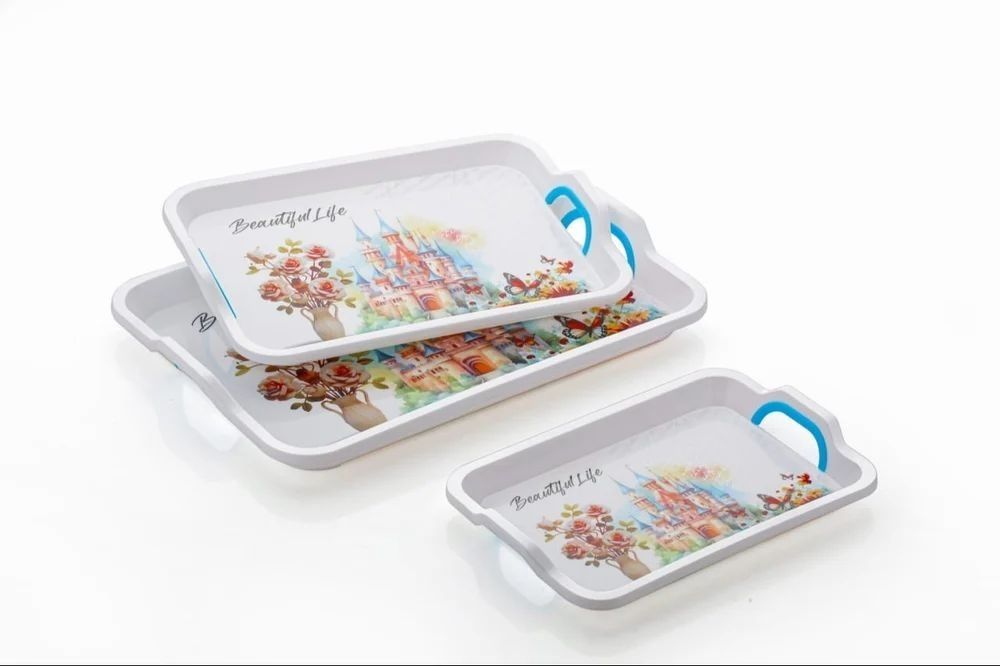 White Flower print Melamine Dinner & Breakfast Serving Tray, Set of 3 Tray-image-32
