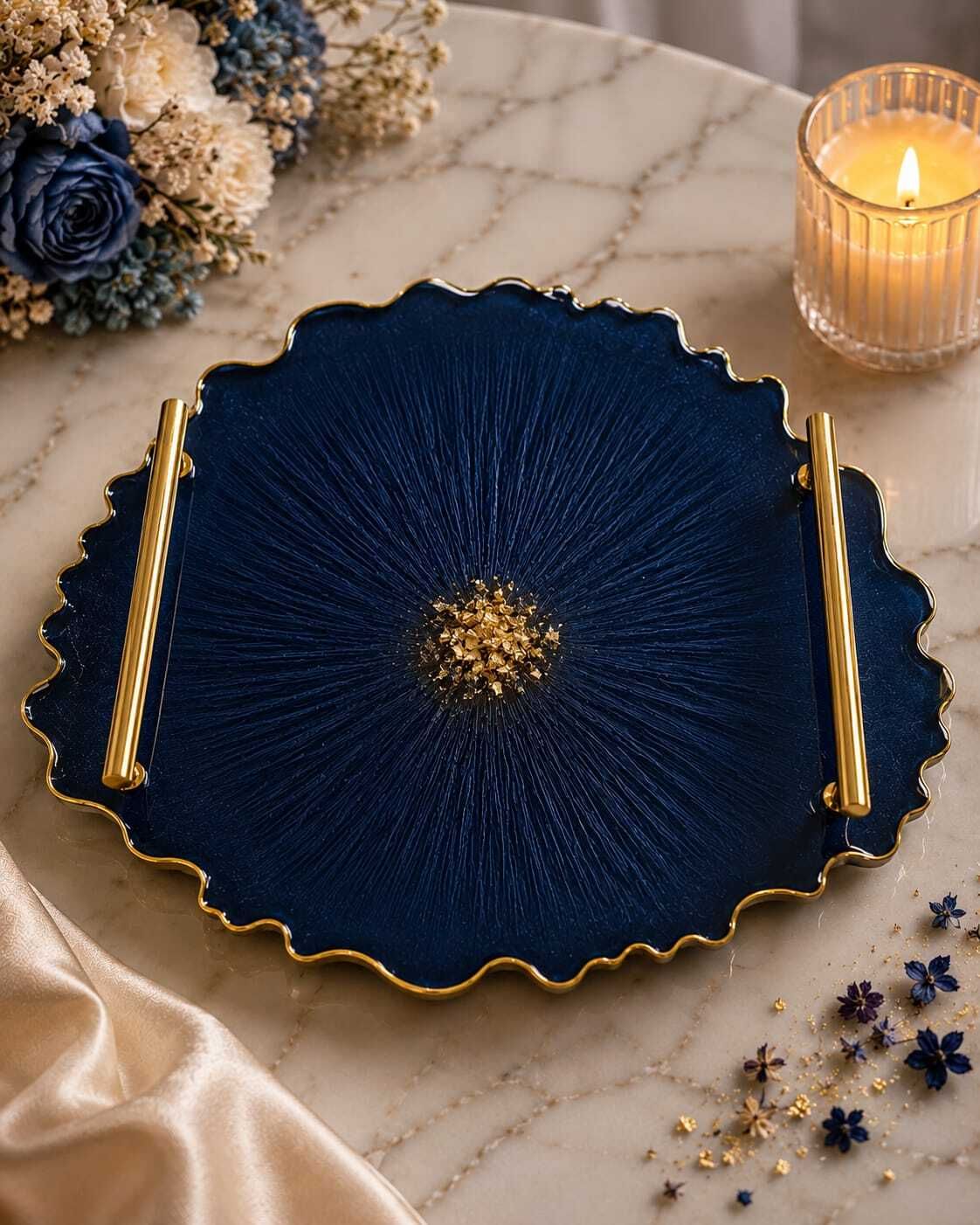 Royal Blue Resin Serving Tray with Gold Foil Center & Metallic Handles Tray-image-41
