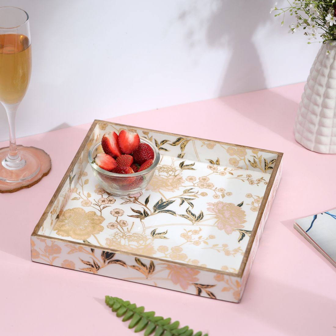 Handcrafted Vintage Floral Wooden Tray (10x10Inch) Vibrant Enamel Coated Premium Tray-image-35