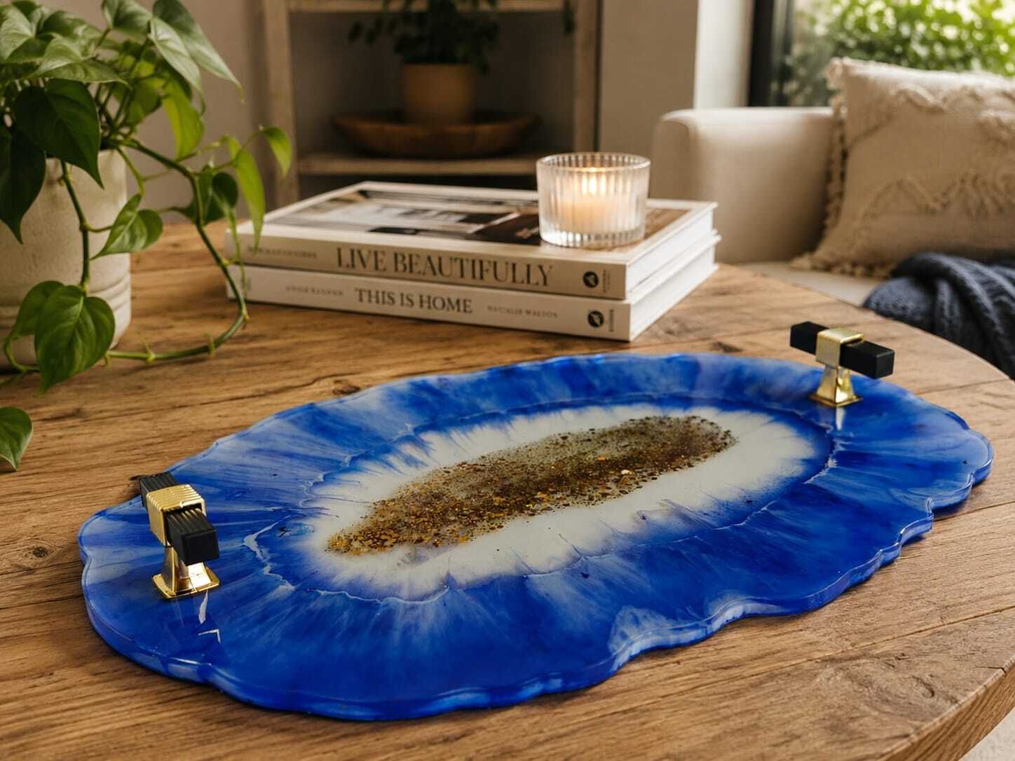 Blue Resin Platter Large Decorative Serving Tray with Modern Handles Tray-image-3