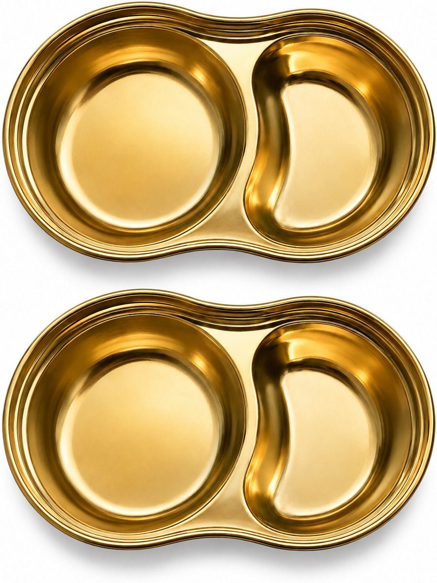yopple Golden Steel 2 Compartment Serving Plate Snack Dinner Thali Dish Tray(Pack Of 2) Chutney Plate-picture-23