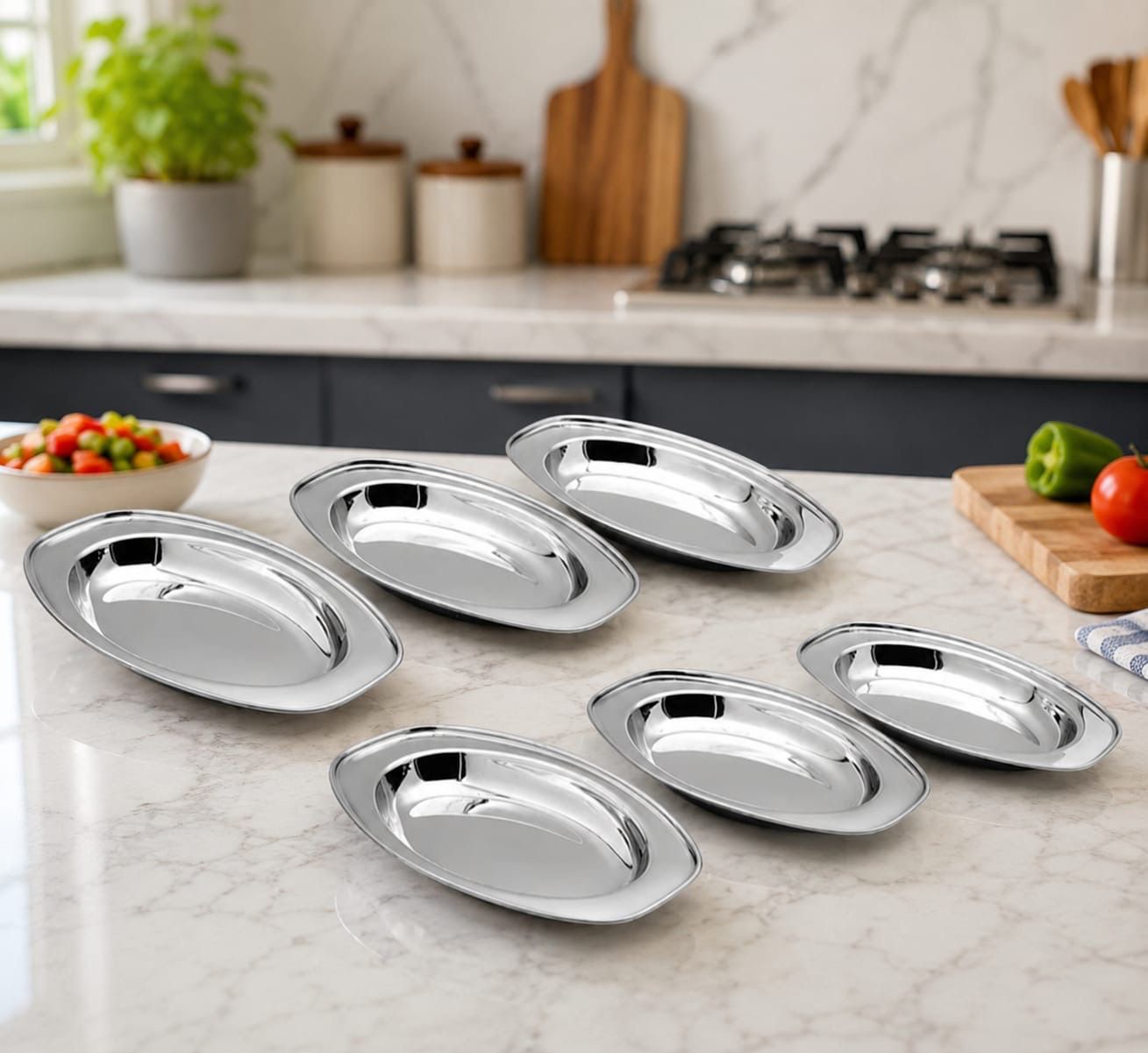 Steel Oval Serving Plate Set of 6 | Mirror Finish Snack & Serving Dish Tray-image-45