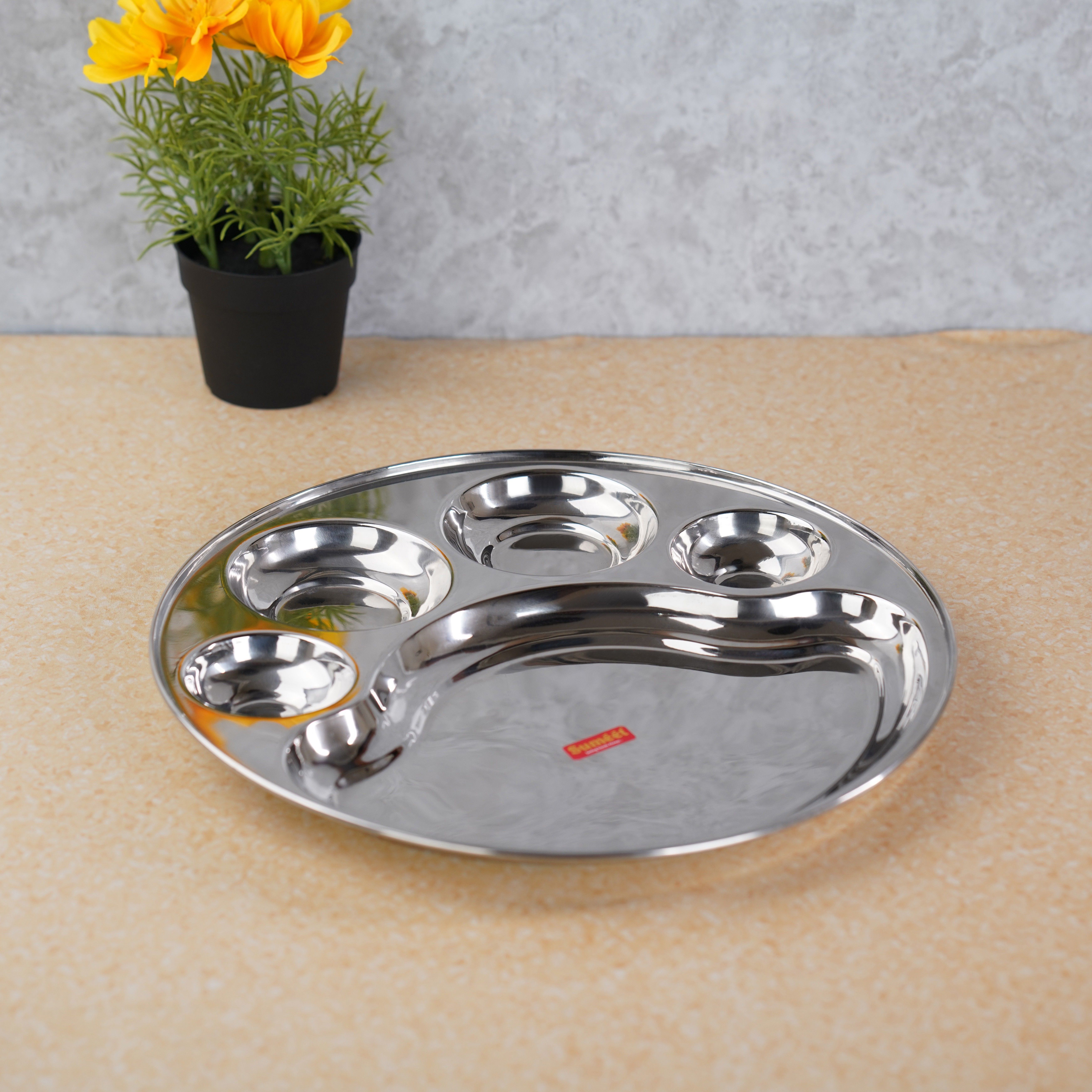 sumeet Stainless Steel Round 5 in 1 Compartment Lunch / Dinner Plate 1Pc, 34cm Dia Sectioned Plate-picture-32