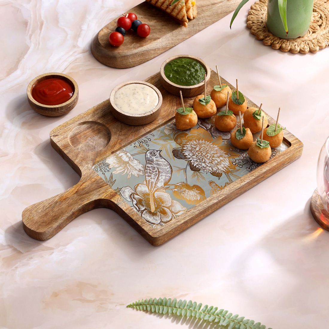 Mangowood Rectangle Serving Platter with 3 Bowls 15.5x10 inches for Snacks Chip & Dip Tray-image-31