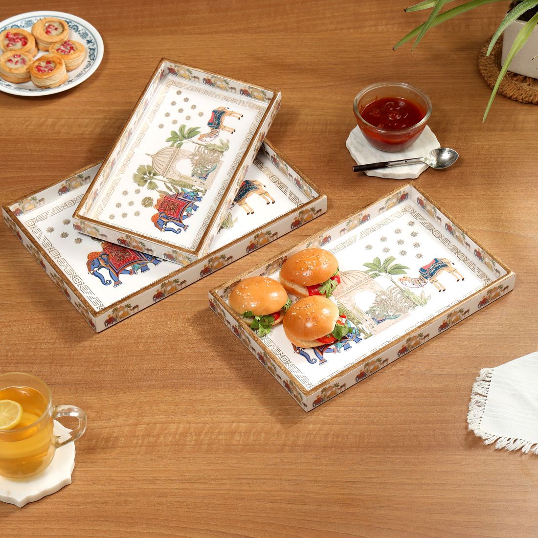 duli Set of 3 Rectangle Elephant Design Wooden Serving Tray for Diwali &Festive Gifts Tray-picture-33