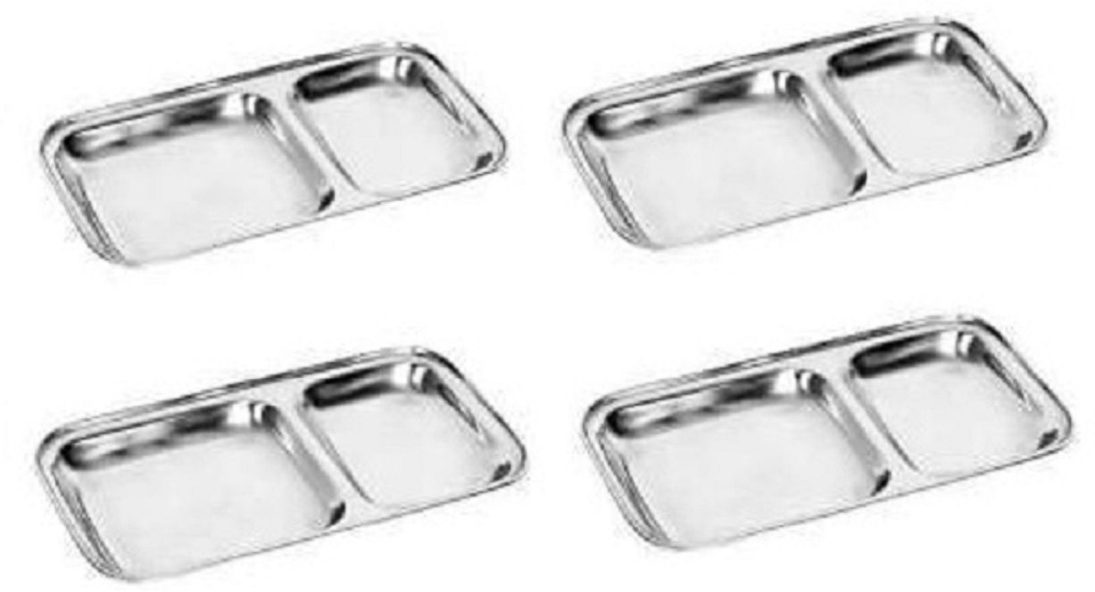 Stainless Steel 2 IN 1 Two Compartment Nasta/Dinner Plate- Set of 4 Sectioned Plate