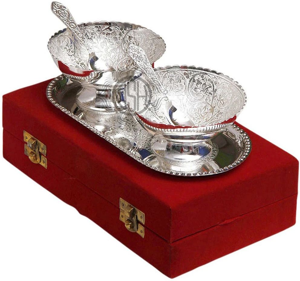 dsh Silver Plated Bowl Set with Tray and Spoon Used for Dry Fruit, Sweets with Box Tray-picture-14
