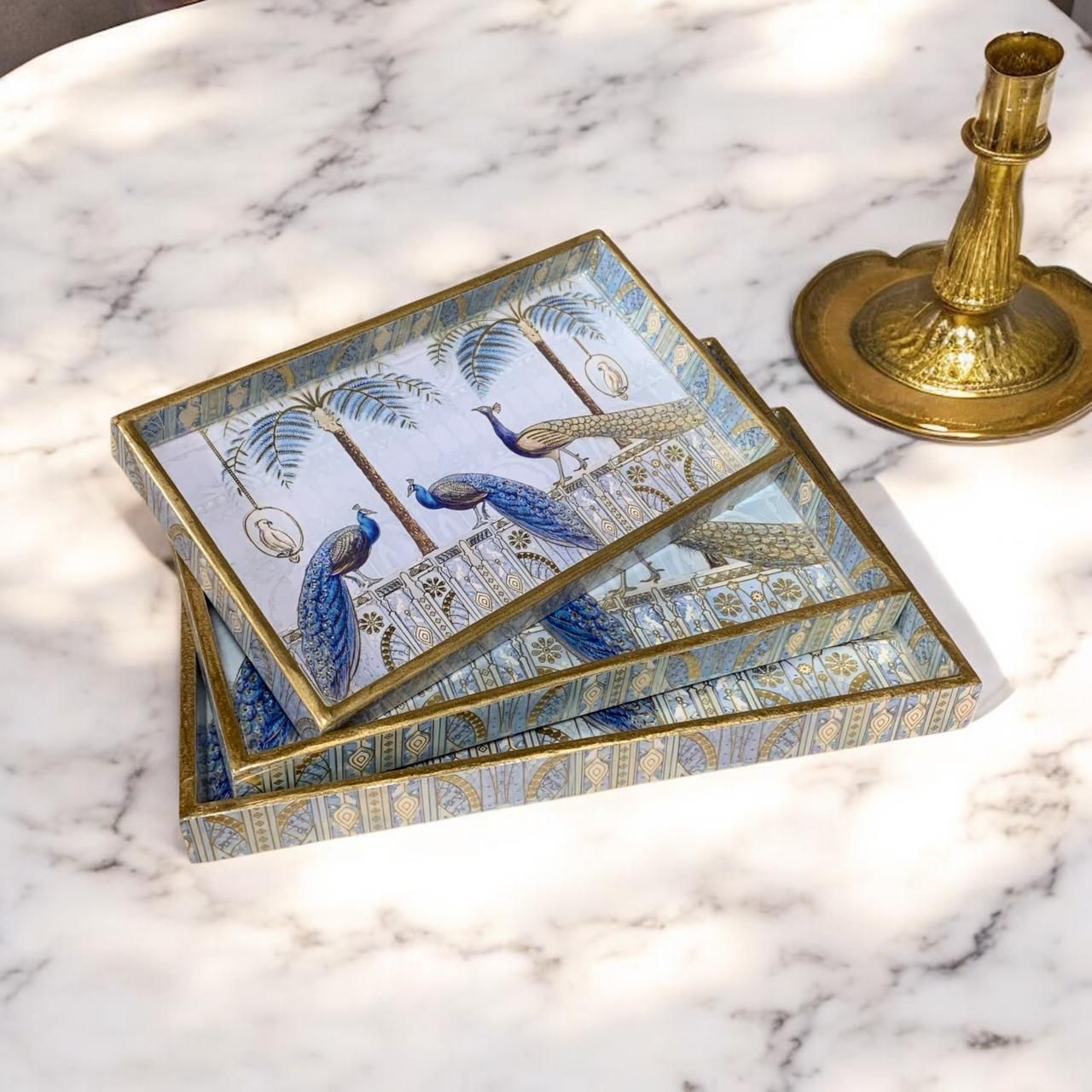 duli Set of 3 Rectangle Peacock Design Wooden Serving Tray for Diwali & Festive Gifts Tray-picture-32