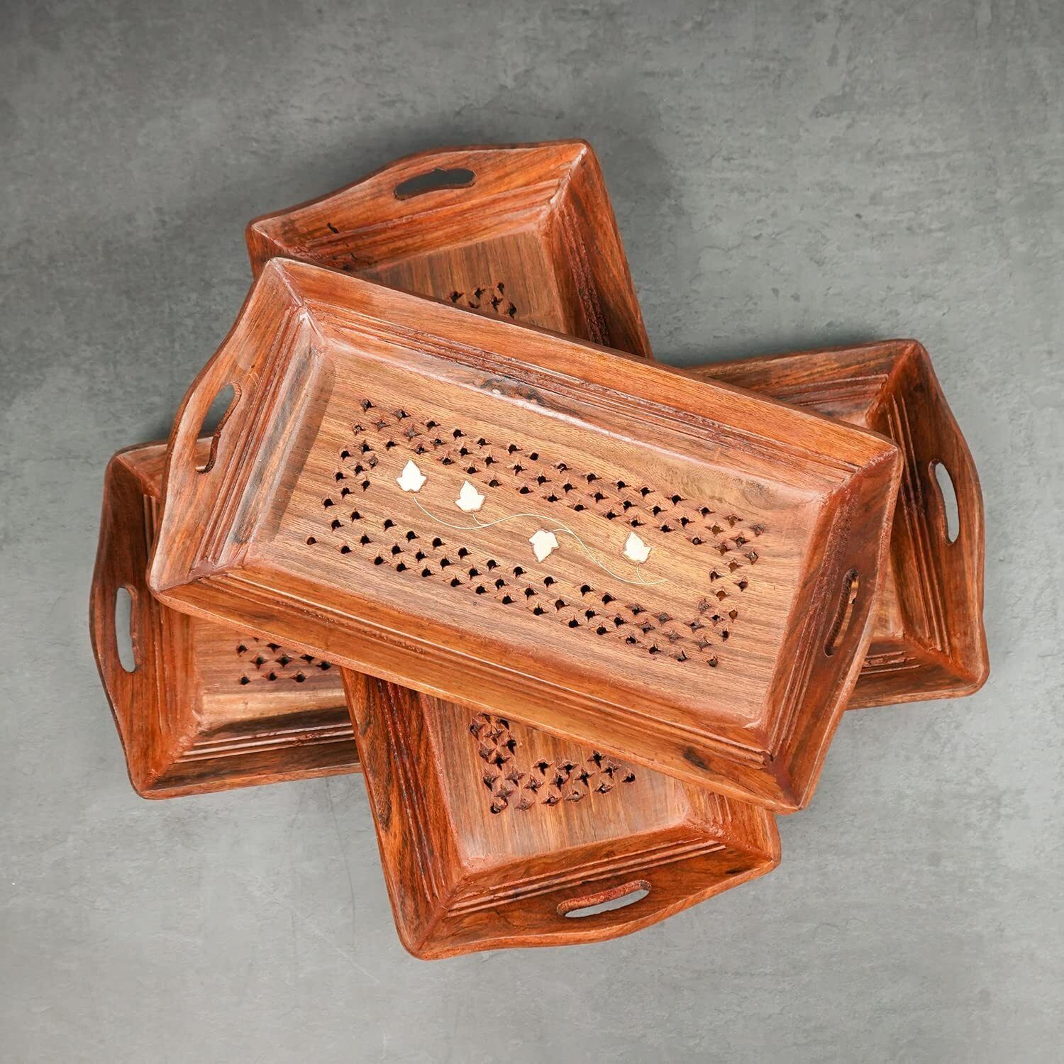 Wooden Serving Tray Set of 3 (Large, Medium And Small) Brass Work, Serving Tray-image-15