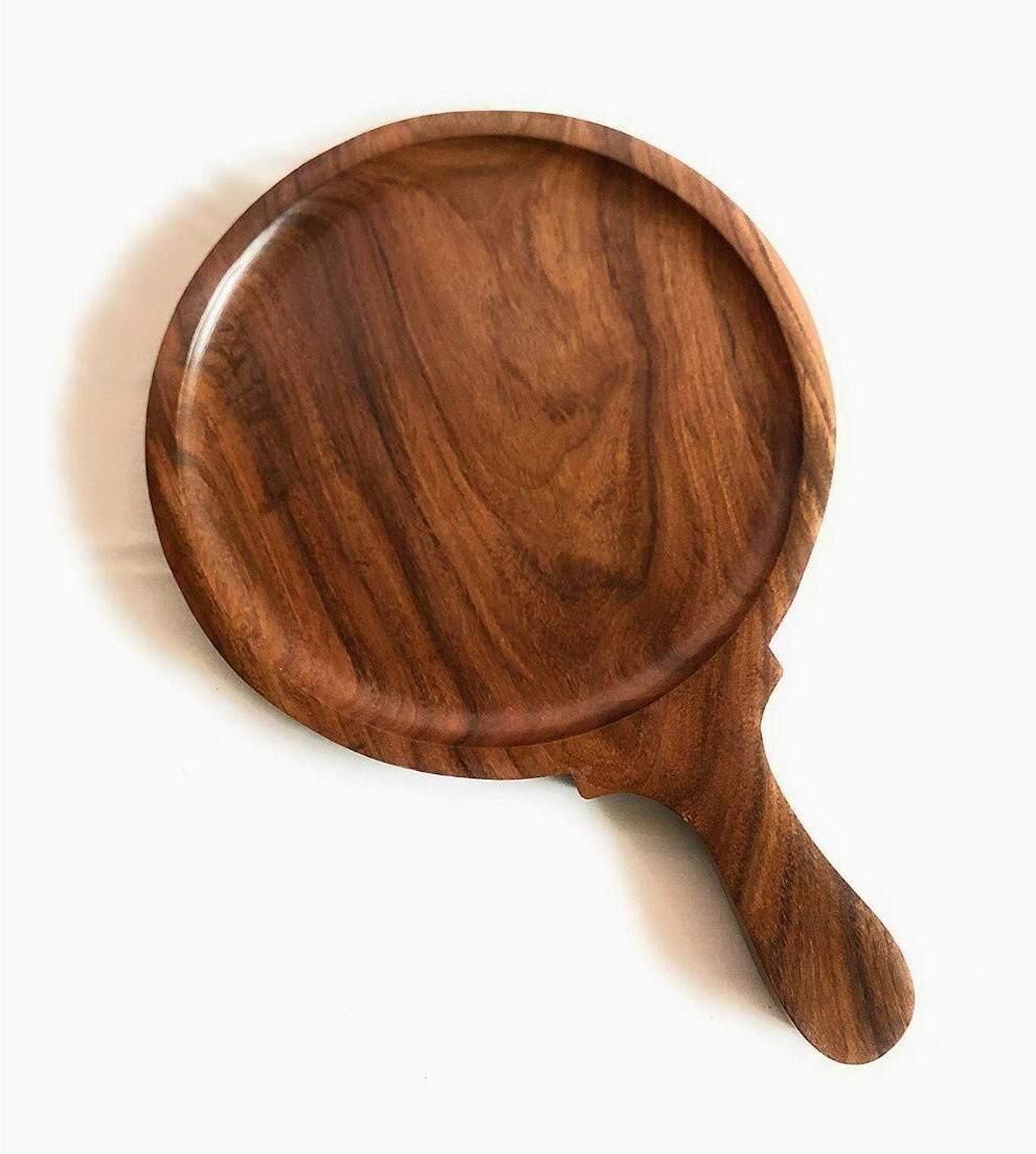 solid sheesham wooden round pizza paddle and serving platter tray serving set