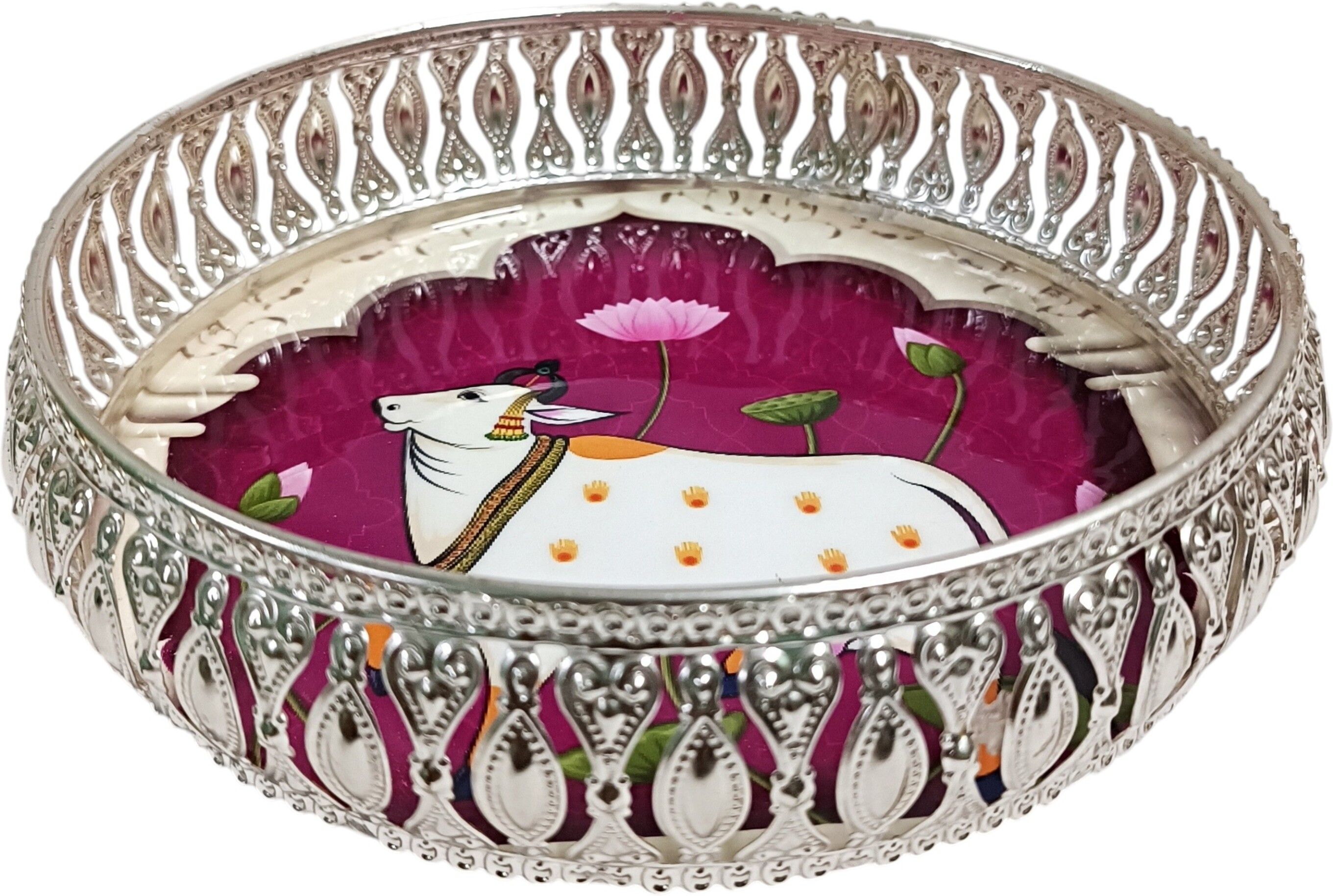 mm overseas German Silver Plated Holy Cow Pichwai Maroon Tray-picture-14
