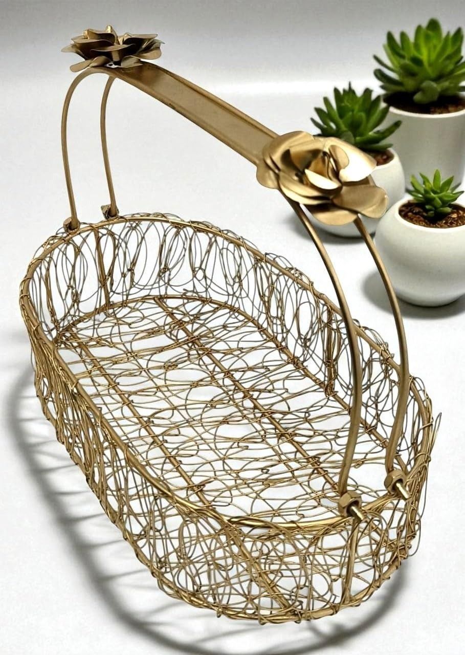 Stylish Golden Metal Basket Tray | Handle Tray for Storage & Home Tray-image-8