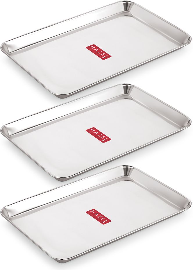 hazel Stainless Steel Serving Trays Rectangle Premium Dining Table Plater Set of 3, Small, Silver, 29.5 x 19 cm Tray-picture-14