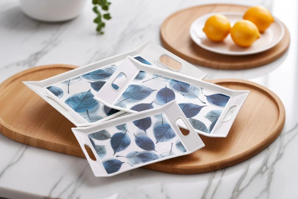 Pack of 3 Natural Flower Printed Tray Set, Serving Glass Tray Set