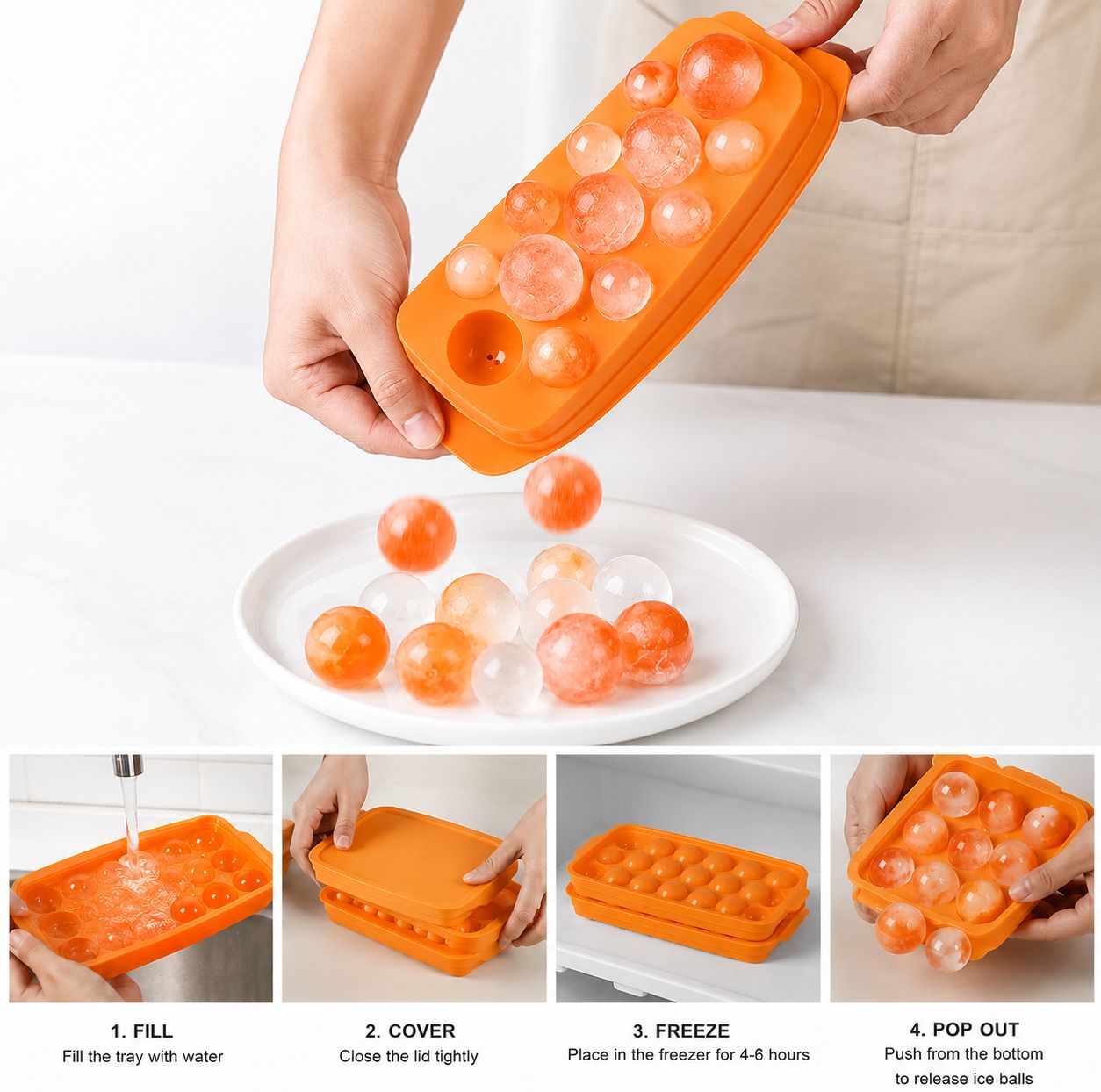 Premium 13 Cavity Ice Ball Maker Tray with Lid for Refrigerator Orange Plastic Ice Ball Tray-image-42