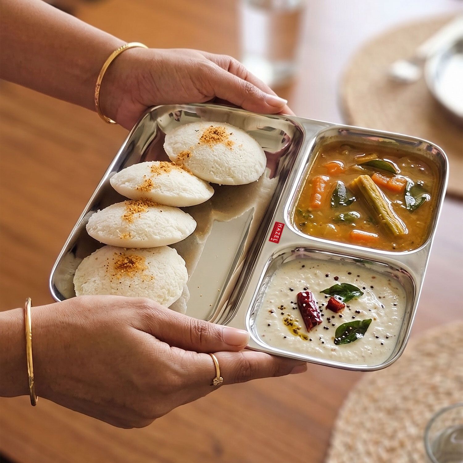 hazel Stainless Steel 3 in 1 Mess Tray, Pav Bhaji Dinner Plate Sectioned Plate-picture-2