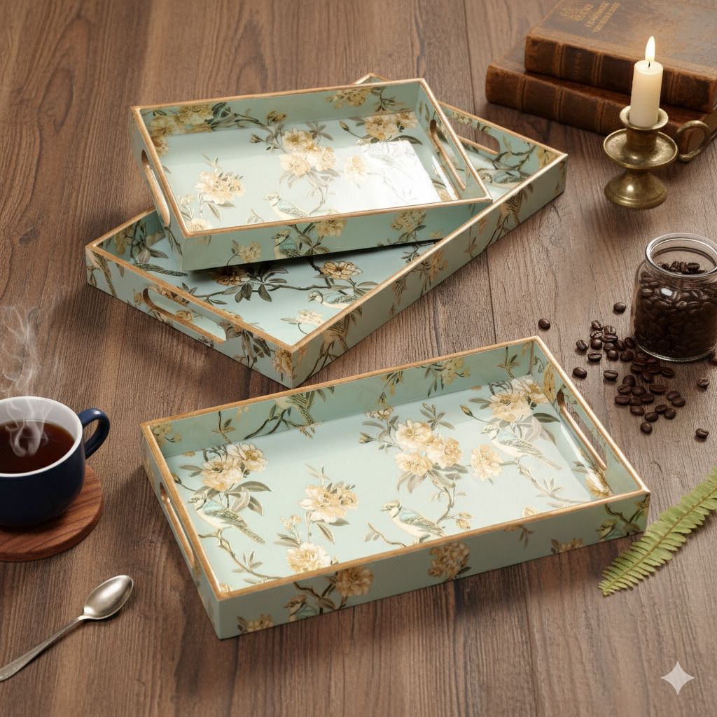 duli Enamel Coated SetOf3 Blue Bird Design Serving Trays For Diwali & Festive Gifting Tray-picture-11