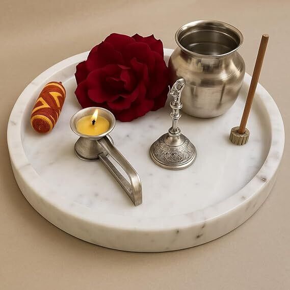 8 Inch Round Marble Platter, Falafel Platter, Pooja, Snacks Fruits Serving Tray Tray-image-35
