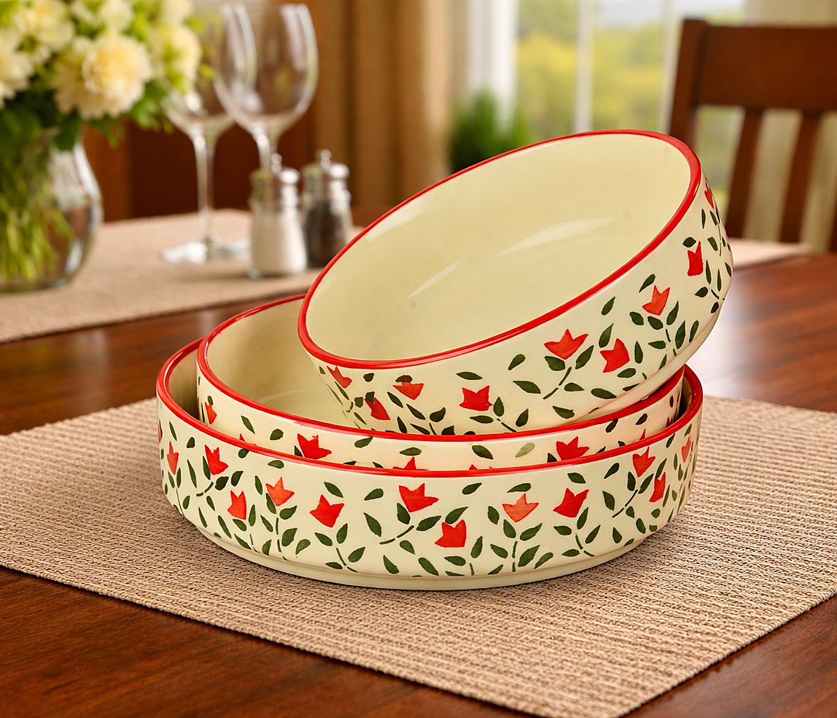 Ceramic Salad, Snacks, Fruit Serving Trays (White & Red, 19, 17 & 15 cm) | Tray-image-25