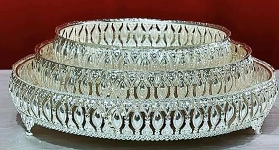 haji nanhey Silver Tray Set of 3 Sets Designer Set Trays Festive Decor (Size-8,10,12) Tray-picture-22