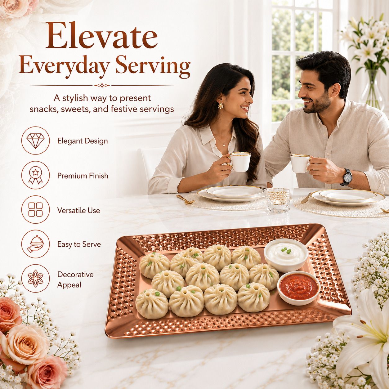 bhajanshree Elegant Rose Gold Serving Dish for Snacks Desserts Drinks & Food Display Tray-picture-19