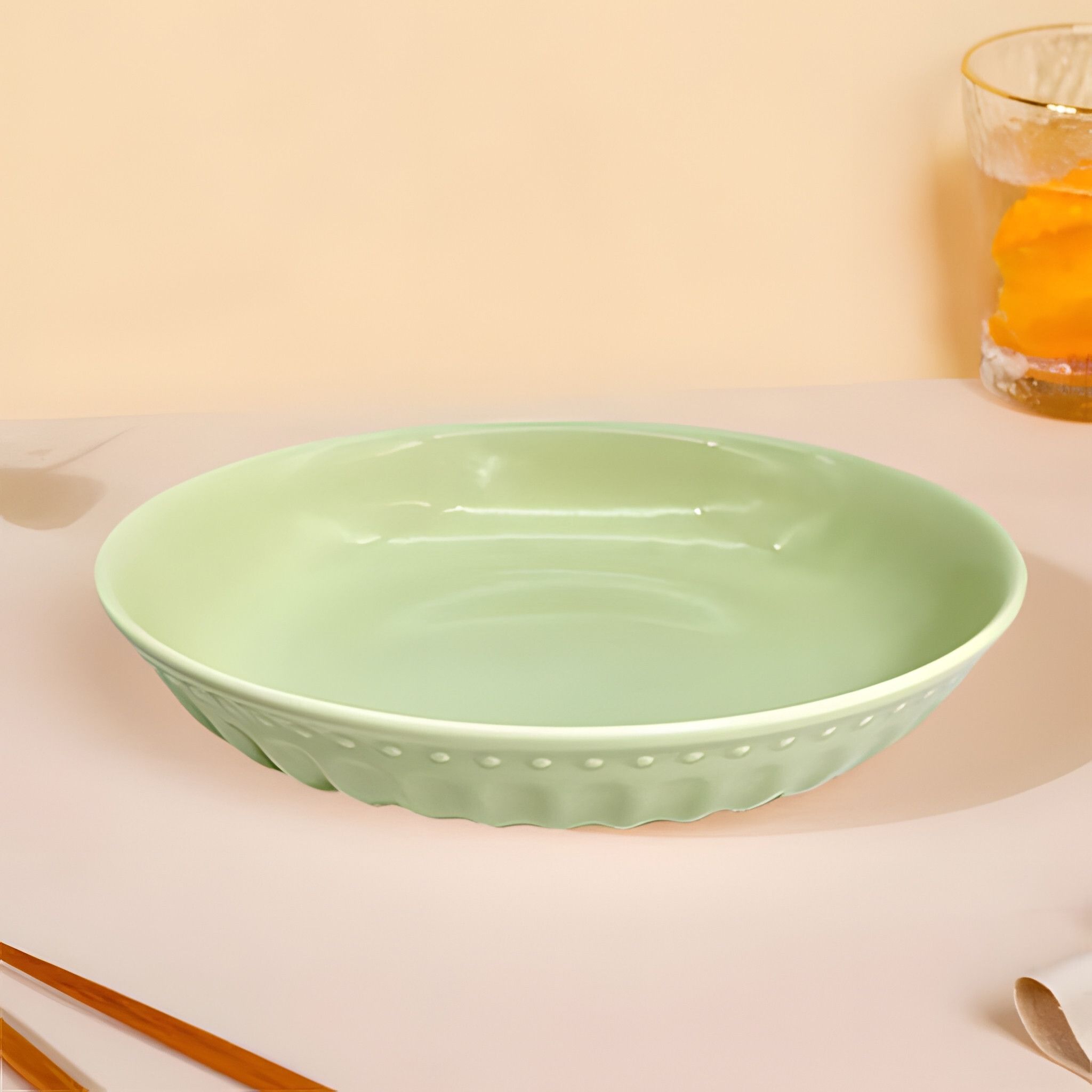 Ceramic Green Serving Plate for Salad/Pasta/Snack | Round Platters for Serving | Dinner Plate