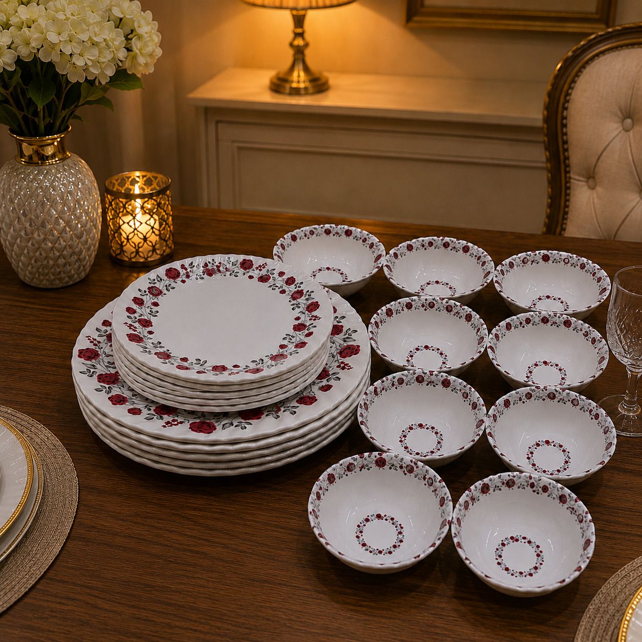 11" Melamine dinner plate 8" Snacks plate With Veg-bowl Set of 24 pc md122 Chip & Dip Tray-image-42