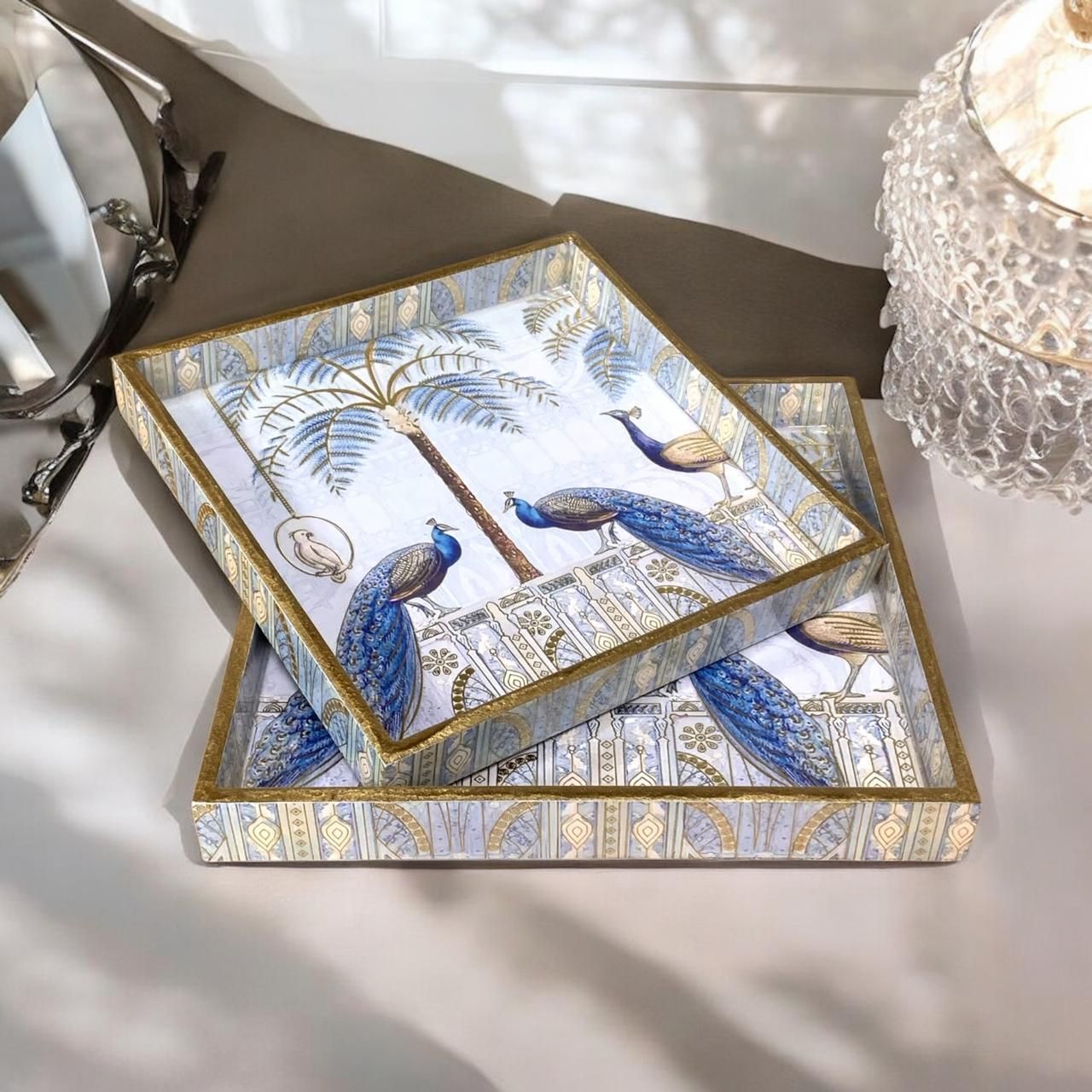 duli Set of 2 Square Blue Peacock Design Serving Tray for Home and Kitchen Tray-picture-31